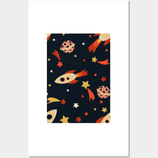 Retro Rocketship Racers repeat pattern on black background Posters and Art